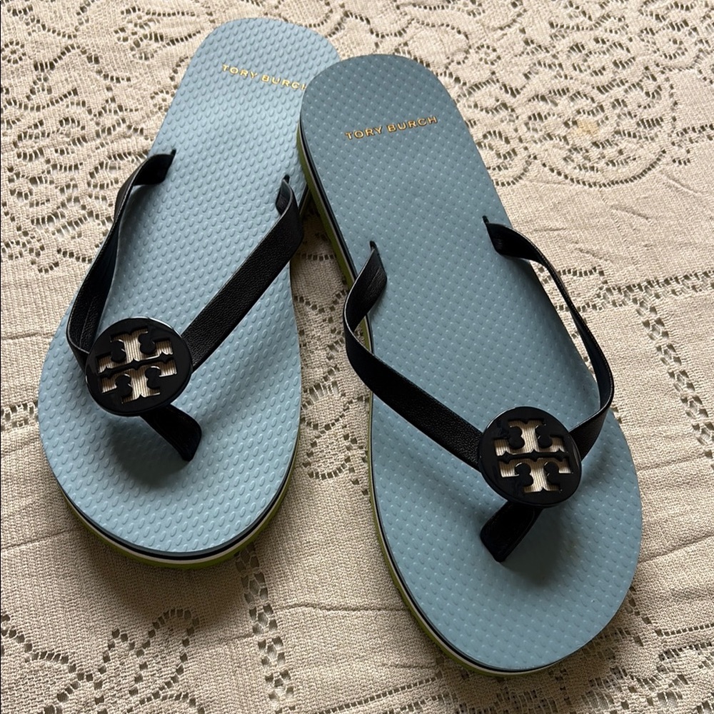 Tory Burch Blue and Black Flip Flops